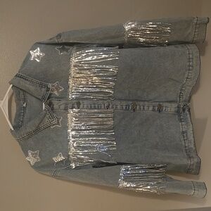 Denim Jacket with Silver Fringe and Star Accents Cowgirl